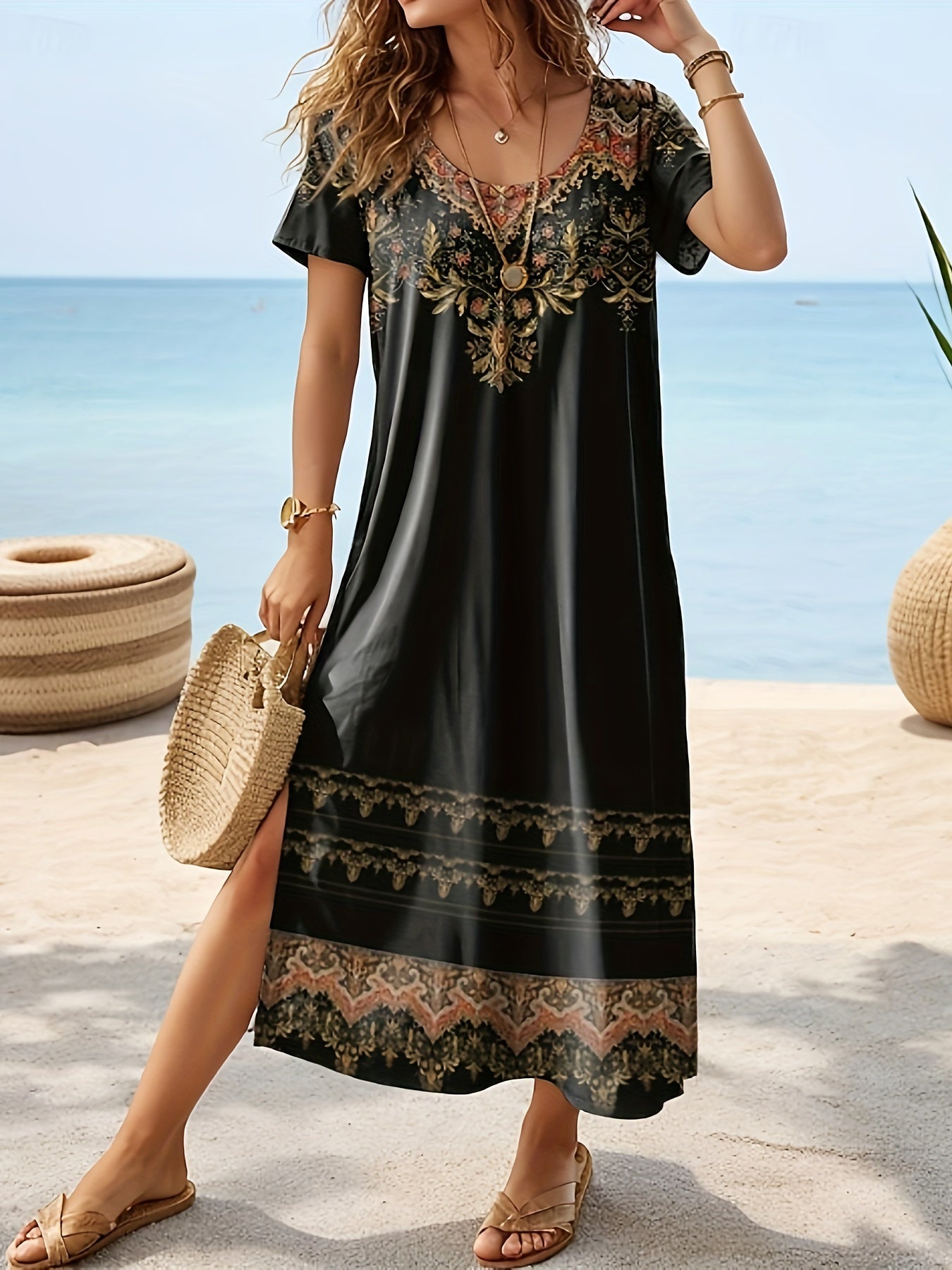 Plus Size Floral Print Vacation Dress with Stylish Slit - Lightweight Short Sleeve for Spring & Summer Getaways - Trendy Womens Plus Size Clothing