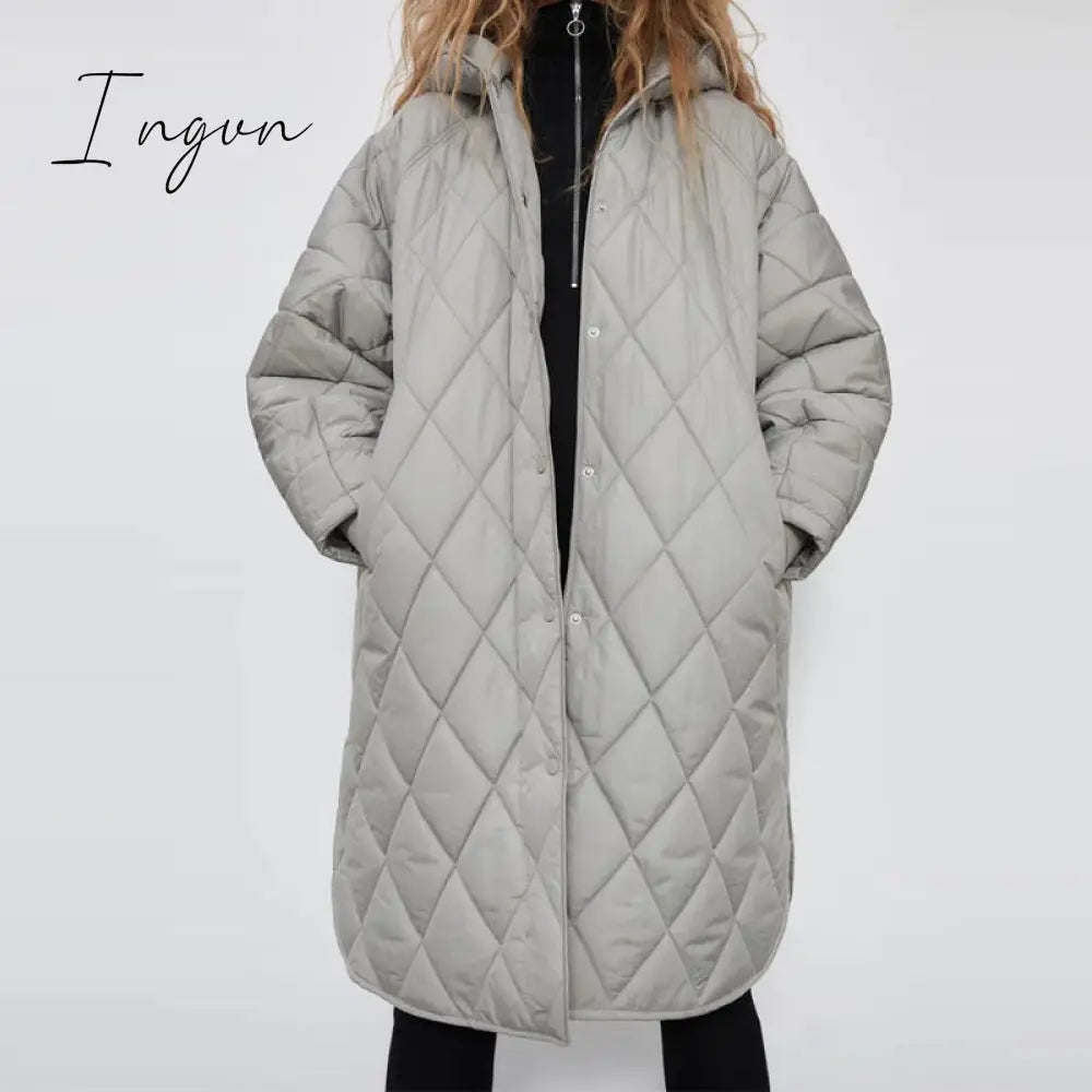 Ingvn - New Winter Oversize Fashion Vintage Plaid Hooded Parka Women Casual Pockets Cotton Jackets Coat Loose Long Outwear Female