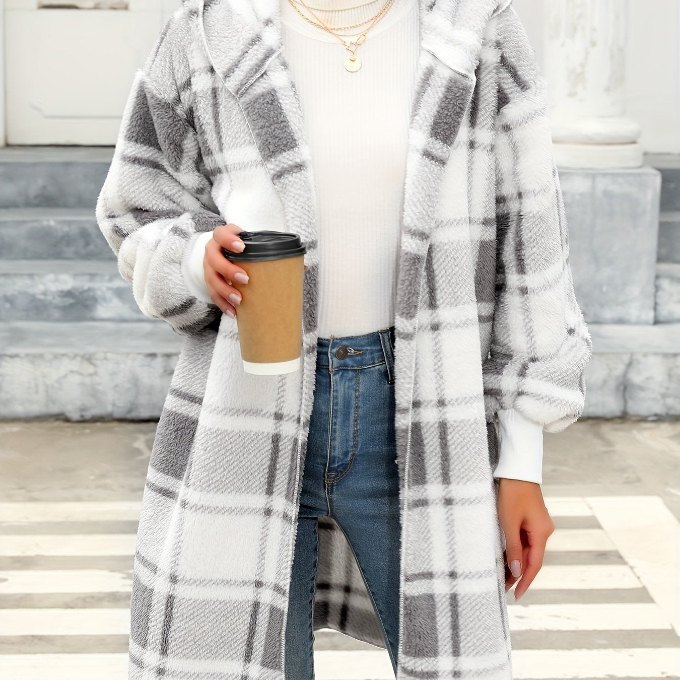 Stylish Long Sleeve Hooded Plush Lined Cardigan - Fleece Jackets with Color Block Plaid Print, Soft and Warm Women's Clothing for Winter