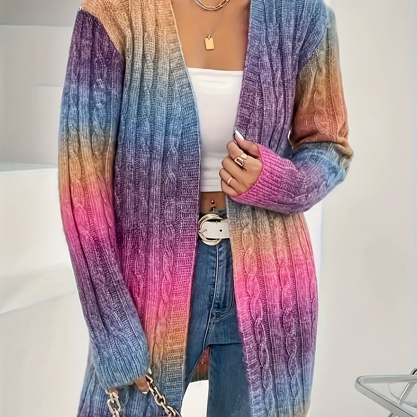 Plus Size Ombre Color Cable Knitted Cardigan, Casual Open Front Long Sleeve Cardigan For Fall & Winter, Women's Plus Size Clothing