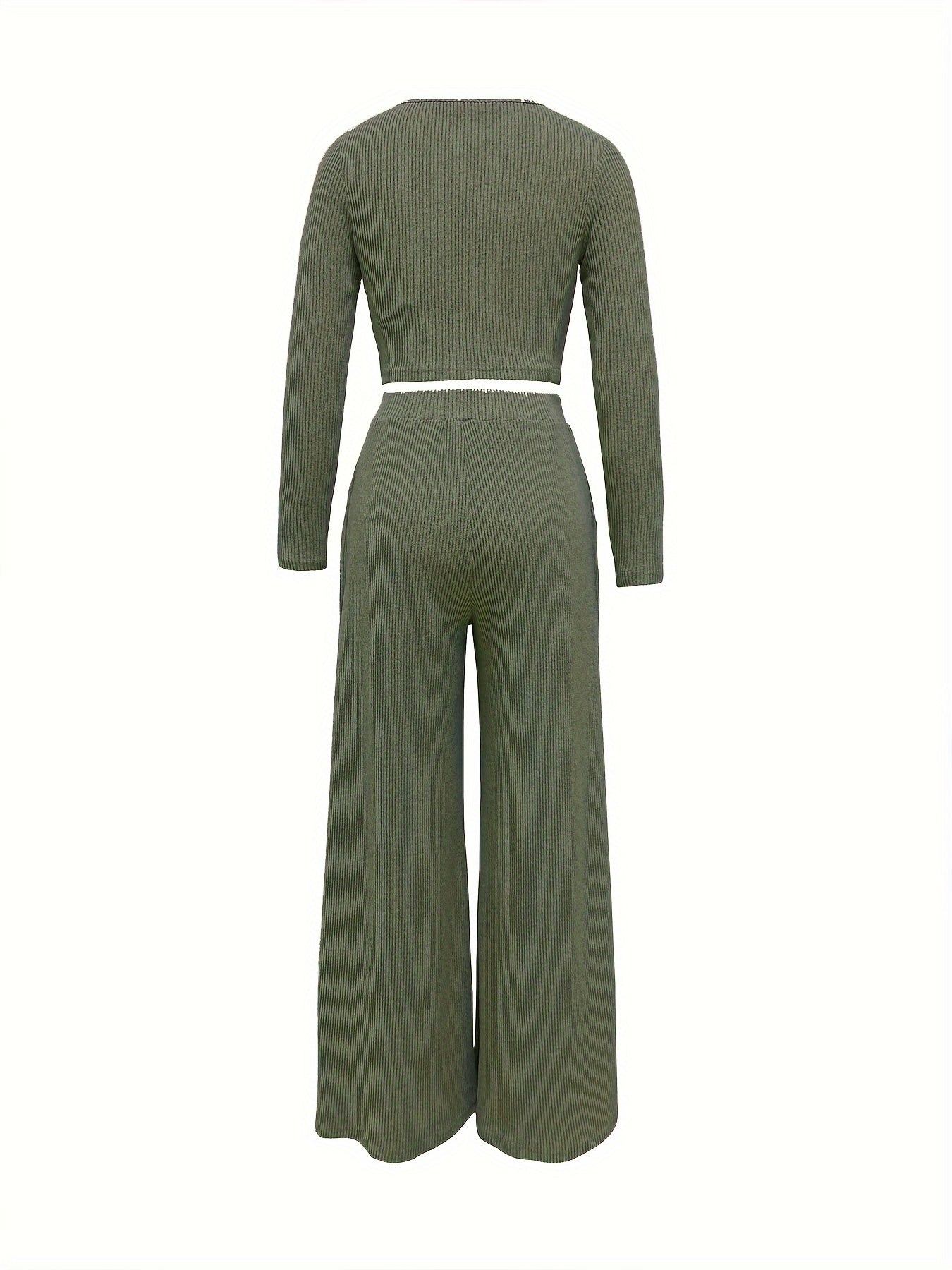 Chic Solid Two-Piece Set - Soft Knit Crew Neck Top & High Waist Wide Leg Pants - Comfortable Casual Outfit for Women