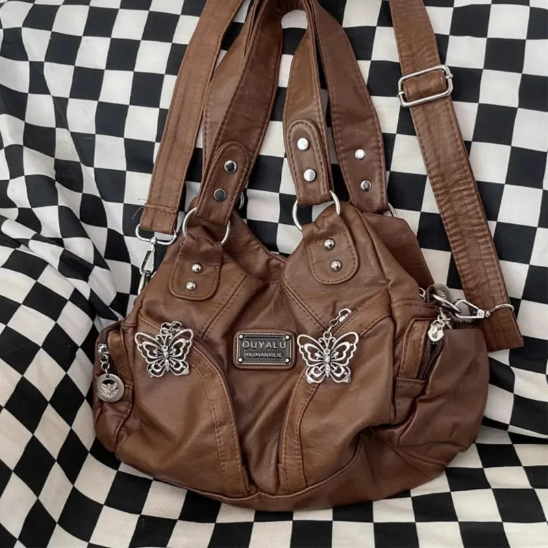 Ingvn  Brown Y2k Womens Shoulder Bag Vintage Fashion Soft Pu Leather Gothic Tote Bag Punk Harajuku Casual Large Capacity Handbag