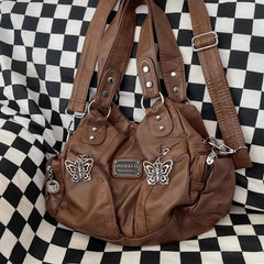 Ingvn  Brown Y2k Womens Shoulder Bag Vintage Fashion Soft Pu Leather Gothic Tote Bag Punk Harajuku Casual Large Capacity Handbag