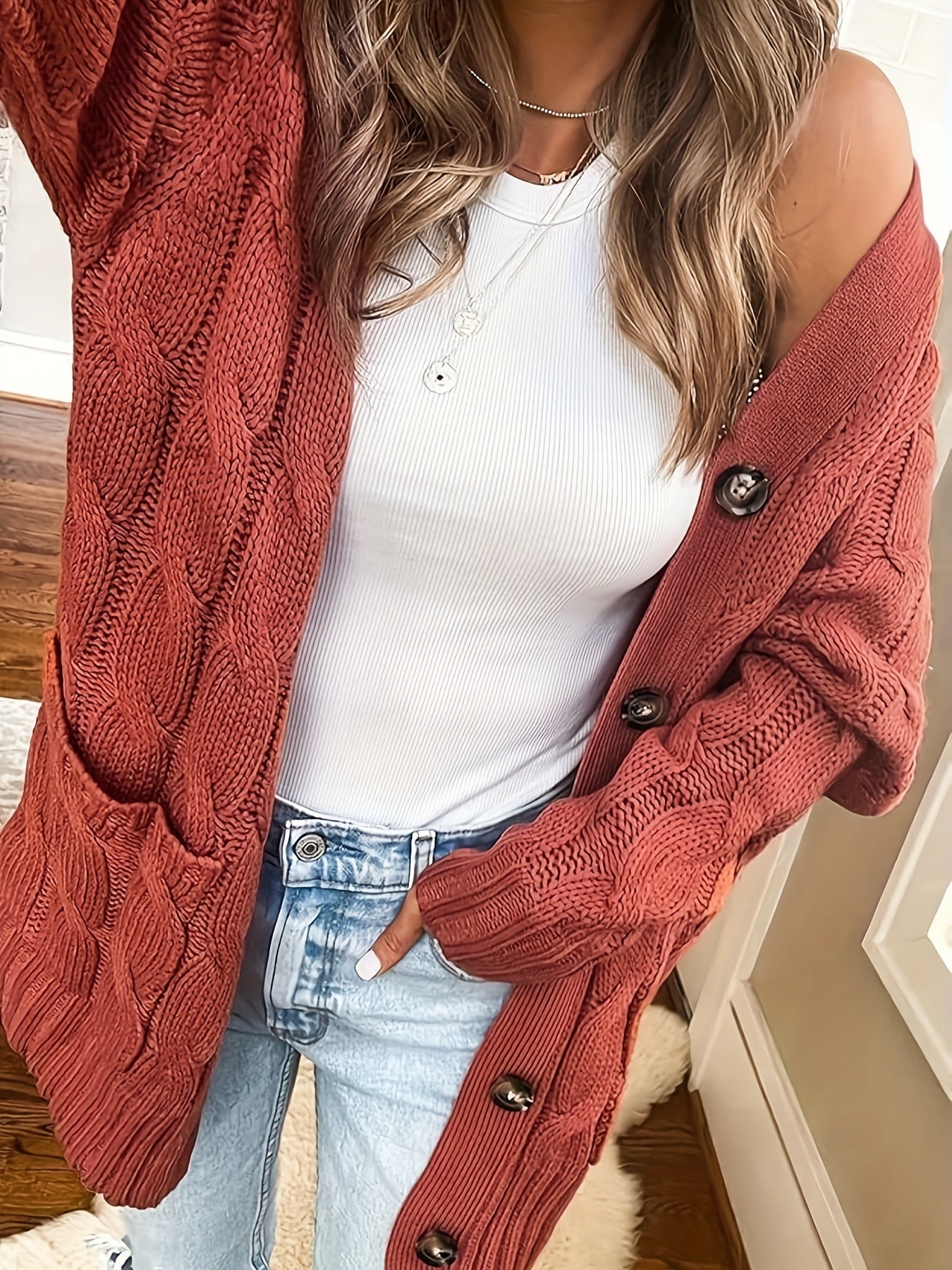 Cable Knit Button Front Cardigan, Casual Solid Long Sleeve Cardigan For Fall & Winter, Women's Clothing