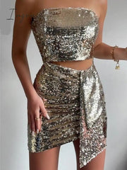 Ingvn - Female Sexy Solid Sequins Off Shoulder Mini Dress Women Elegant Strapless Sleeveless Dresses Lady Fashion Night Party Vestidos