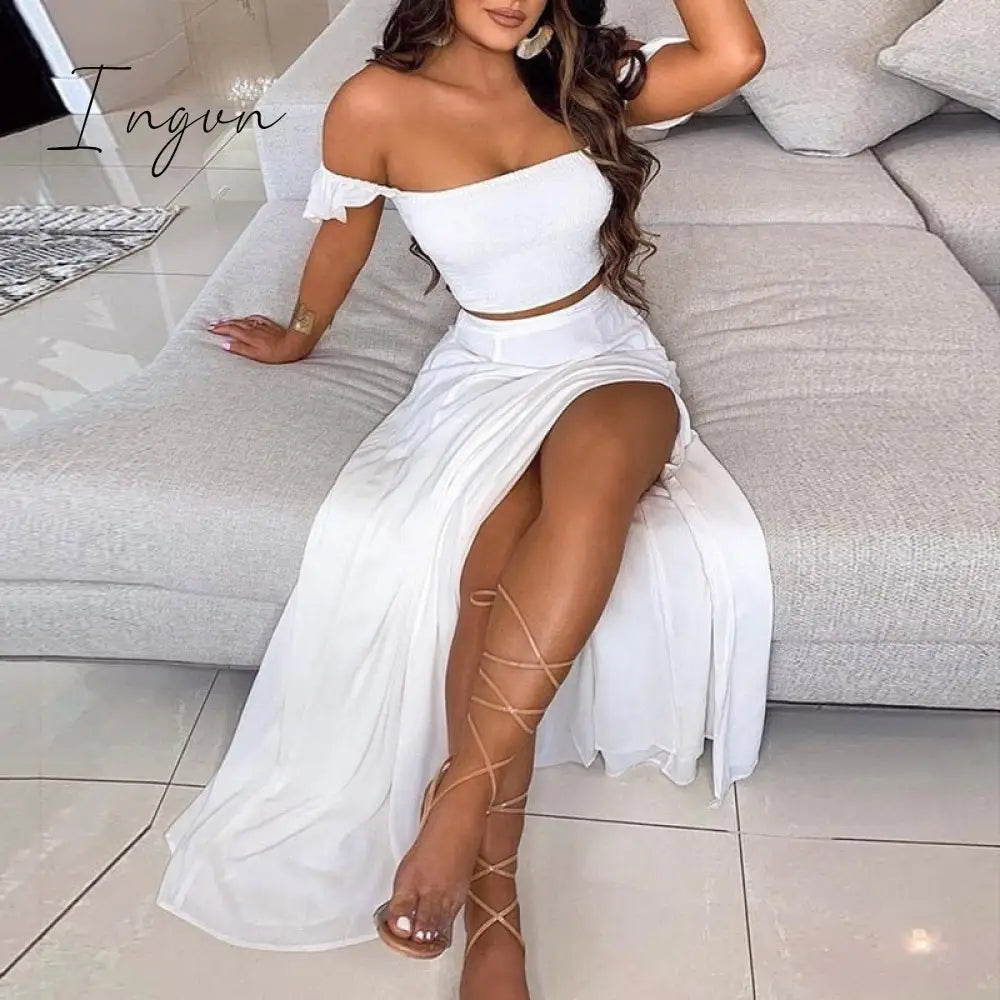 Ingvn - Off Shoulder Women Two Piece Set Sexy Slash Neck Top and Slit Summer Long Party Dress Suits Spring Floral Print Skirts Sets