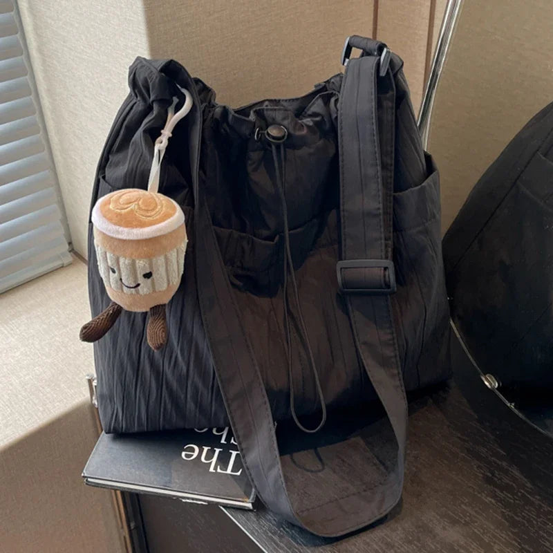 Ingvn  Simple Pleated Women's Shoulder Bag Soft Nylon Ladies Crossbody Bags Vintage Large Capacity Female Tote Drawstring Handbags