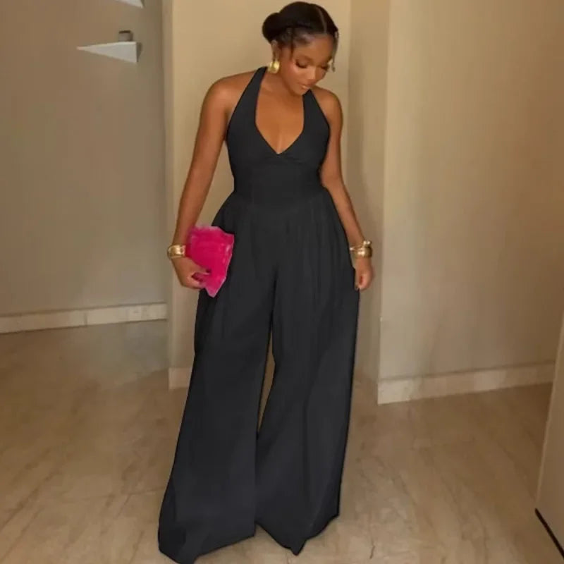 Sexy Halter Backless Wide Leg Jumpsuit Woman Sleeveless V-neck Elegant Romper Corset High Waist One Pieces Overalls Club Outfits