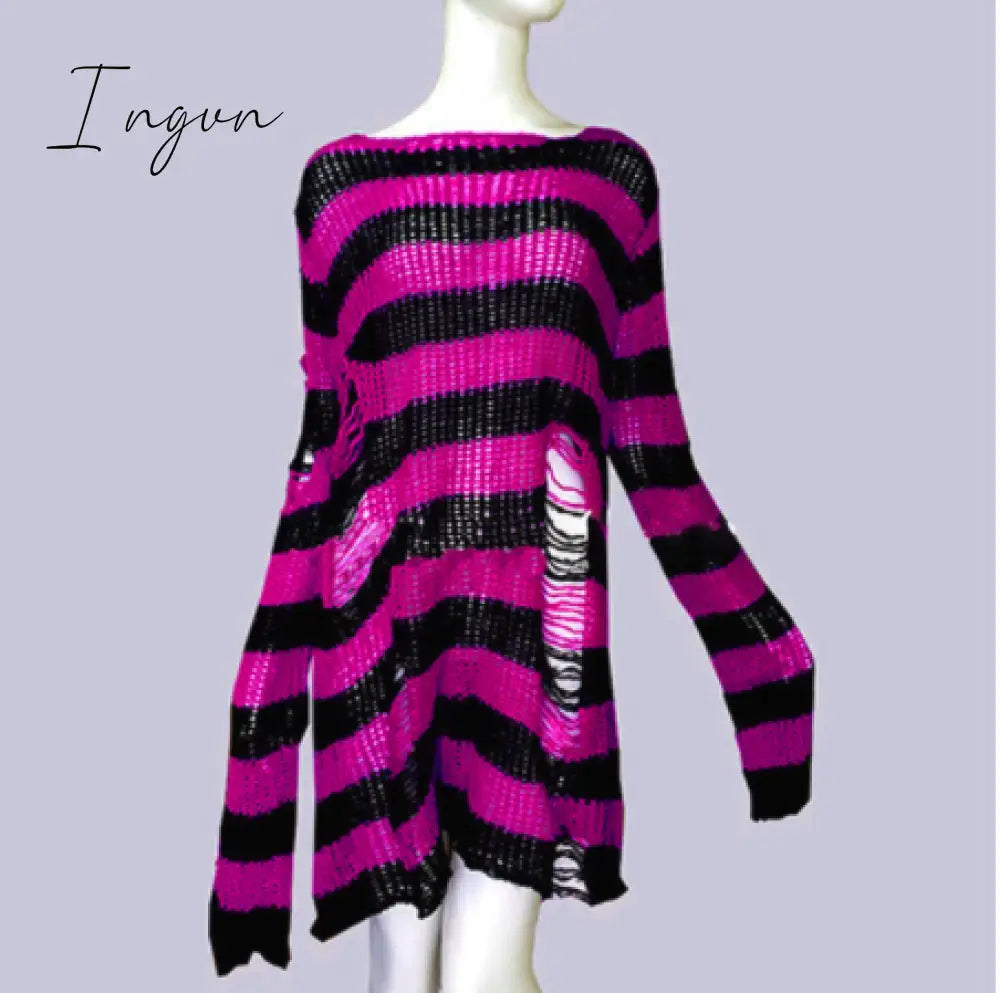 Ingvn - Plus Size Punk Gothic Long Unisex Sweater Dress Women Man Striped Cool Hollow Out Hole Broken Jumper Loose Rock Thin Sweter