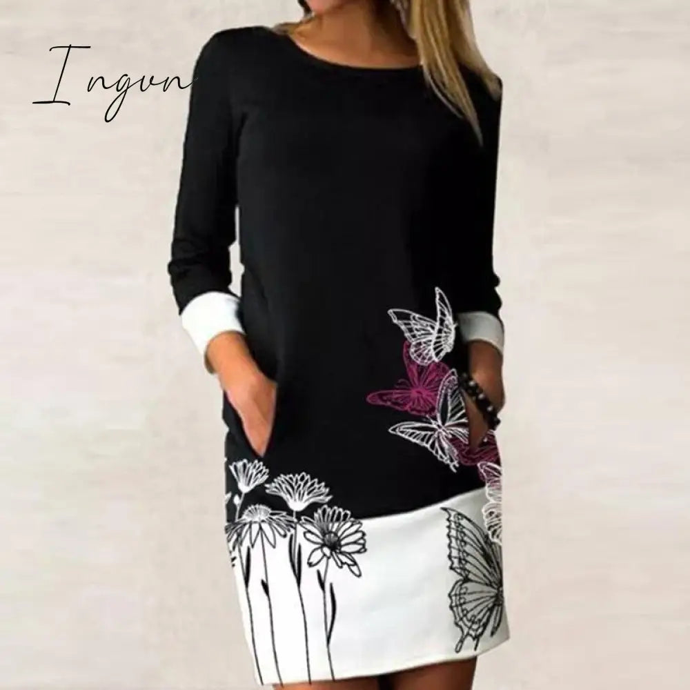 Ingvn - Autumn Women Elegant Floral Print Patchwork Dress Casual Long Sleeve Straight Dresses Female Long Sleeve Loose Vintage Vestidos