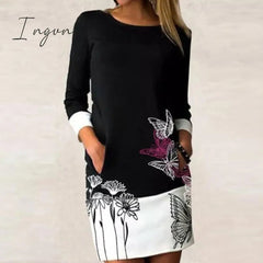 Ingvn - Autumn Women Elegant Floral Print Patchwork Dress Casual Long Sleeve Straight Dresses Female Long Sleeve Loose Vintage Vestidos