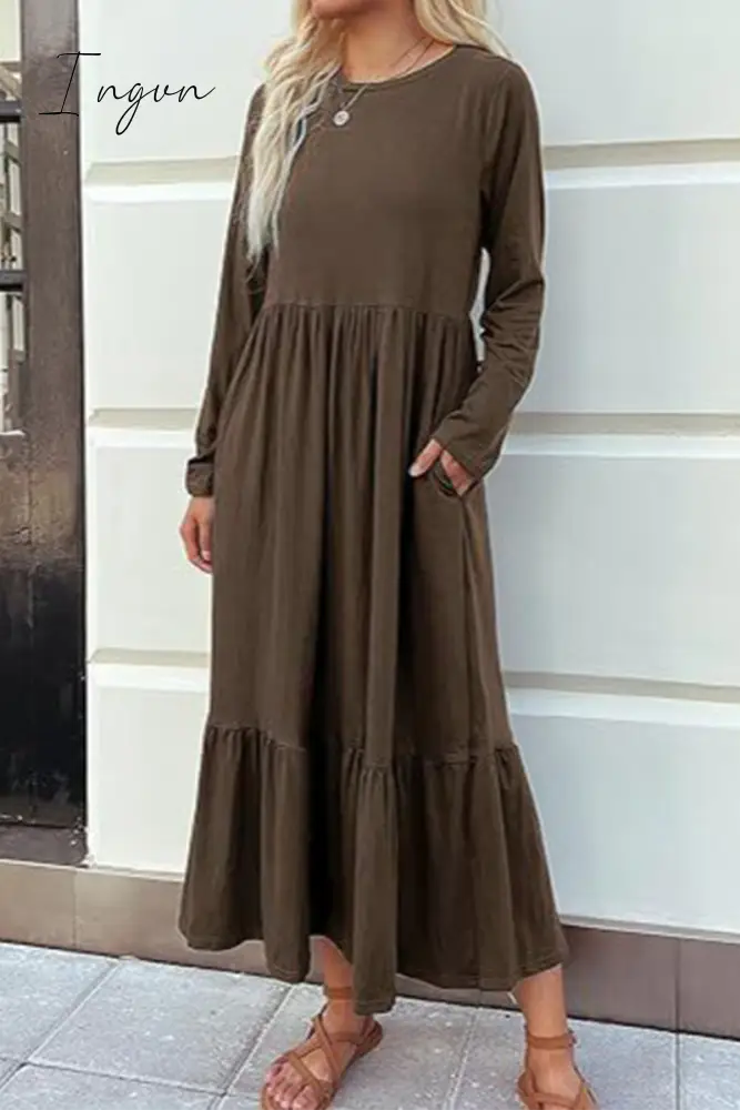 Ingvn - Casual Solid Patchwork Pocket O Neck A Line Dresses