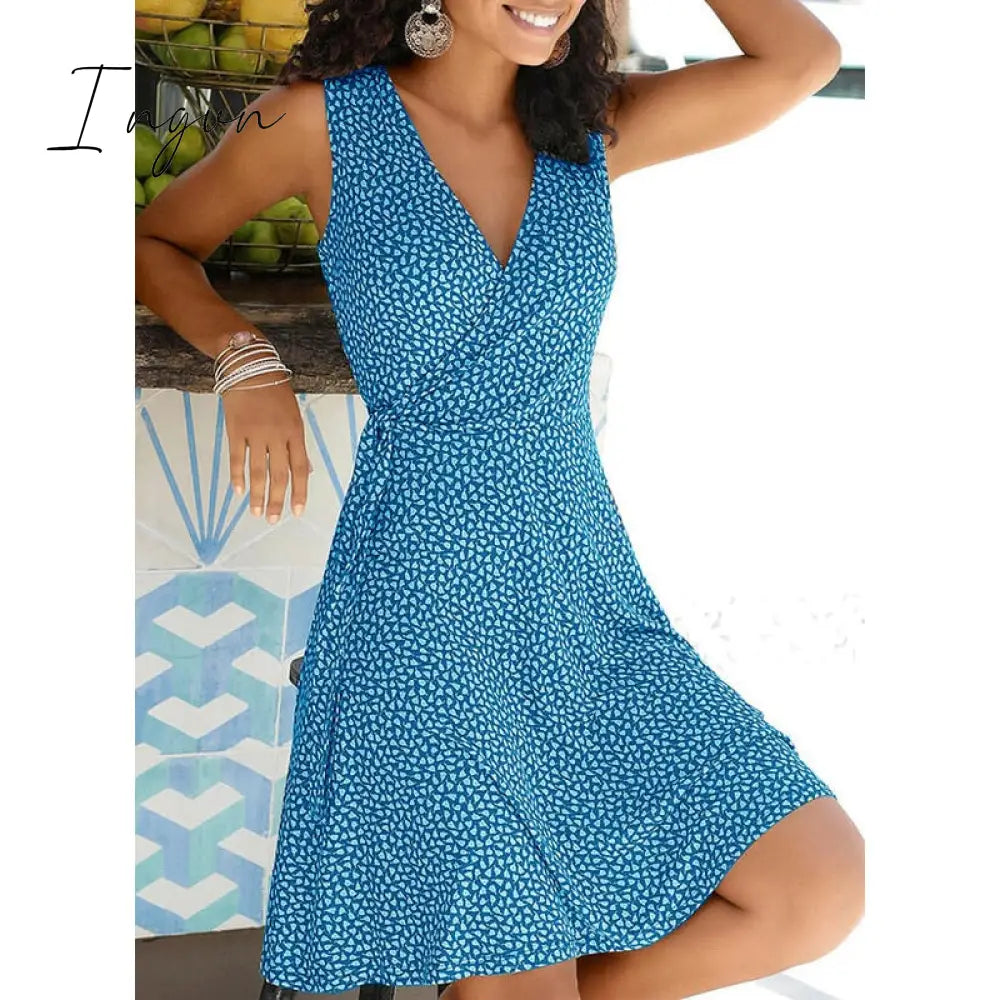 Ingvn - New Casual Polka Dot Dress Women V Neck Sleeveless Bandage Beach Dress Summer Bohemian Dresses For Women