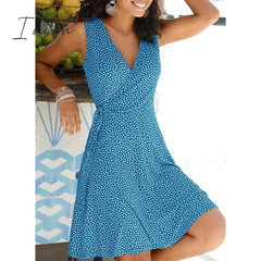 Ingvn - New Casual Polka Dot Dress Women V Neck Sleeveless Bandage Beach Dress Summer Bohemian Dresses For Women