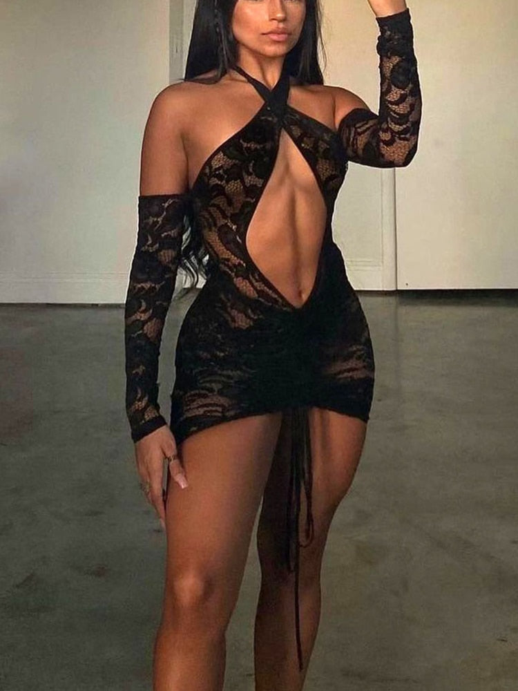 Voguable Lace Up Drawstring Ruched Women Halter Lace Mini Dress  Hollow Out Backless Bodycon Sexy Streetwear See Through