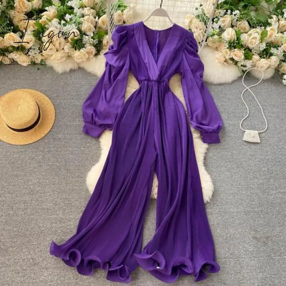 Ingvn - Spring Outfits Women Women's Sexy Pleated Romper Autumn Solid Purple/Black/White Jumpersuit Female Ruffle Wide Leg Draped Playsuits Female New