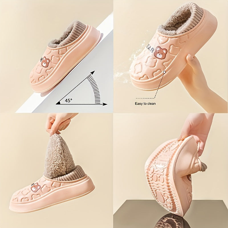 Cozy Winter Bear Slippers - Cute Cartoon Waterproof, Plush Lined EVA, Indoor/Outdoor Comfort