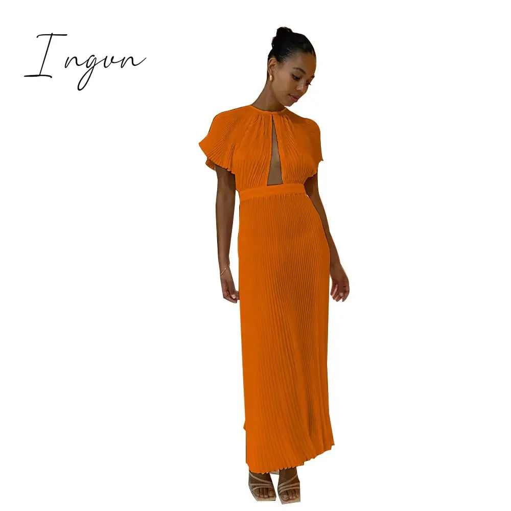 Ingvn - Casual Hollow Out Pleated Dress For Women Fashion Flare Sleeve Backless A Line Dresses Spring summer O Neck Office Lady dress