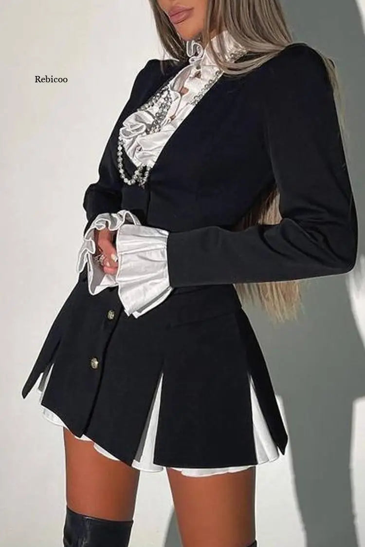 Elegant Blazer Dress Autumn Women Single Breasted Patchwork 2 Piece Set A Line Party Ol Shirt Dress