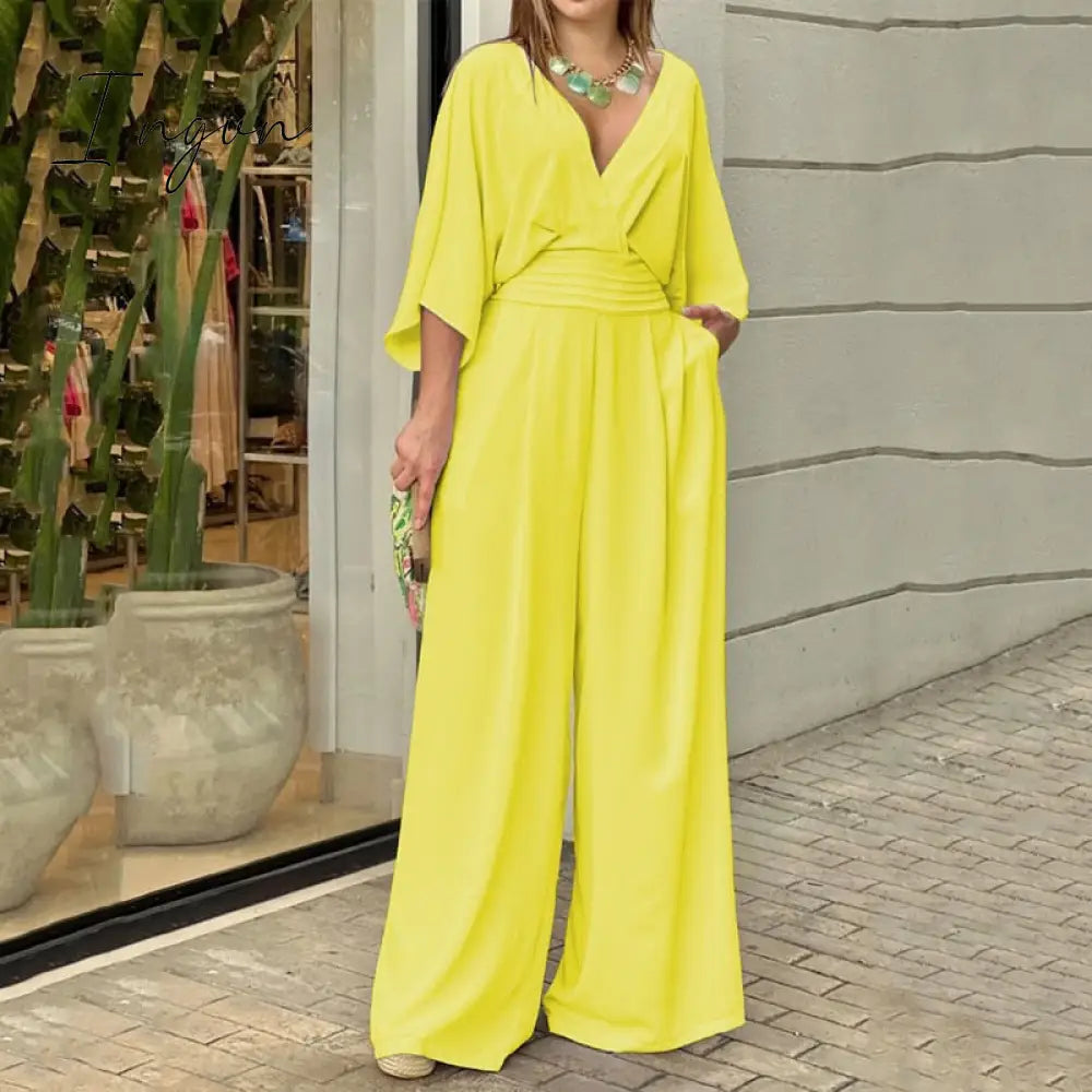 Ingvn - Women Jumpsuit Summer Short Bat Sleeve V Neck Backless Nipped Waist Loose Wide Legs Casual Pants Romper High Streetwear