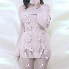 Cottage Fairy 00s Vintage Knitted Dress Japanese Off Shoulder Pullovers Mini Dress Fairy Y2K Kawaii Tie Up Retro Sweater Dress