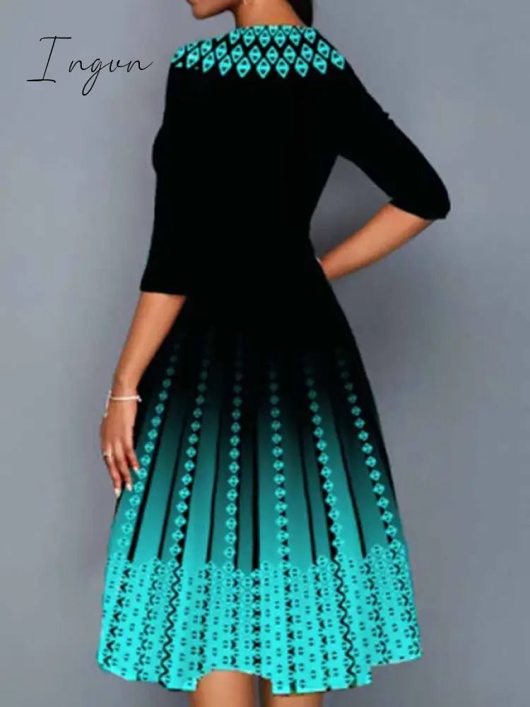 Ingvn - Women's Work Dress Swing Dress Church Dress Midi Dress Red Royal Blue Blue 3/4 Length Sleeve Print Print Summer Spring Crew Neck Elegant 2023 S M L XL XXL 3XL 4XL 5XL