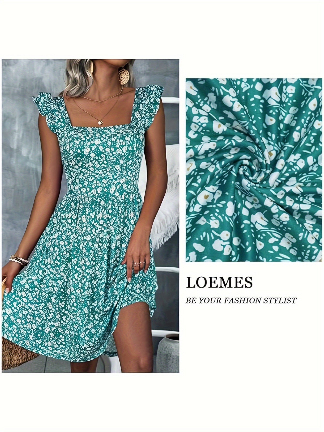 Floral Print Square Neck Patched Pockets Dress, Elegant Ruffle Sleeves Cinched Waist Dress For Spring & Summer, Women's Clothing