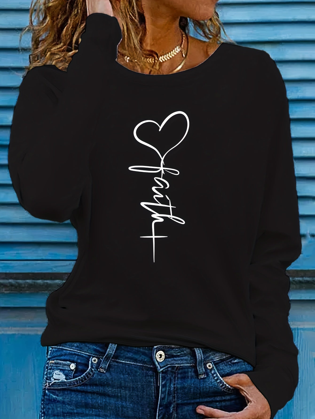 Faithful Favourite Crew Neck T-shirt - Women's Long Sleeve Casual Top for Spring & Fall - Soft, Comfortable, Relaxed Fit, Versatile Wardrobe Essential for Everyday Wear