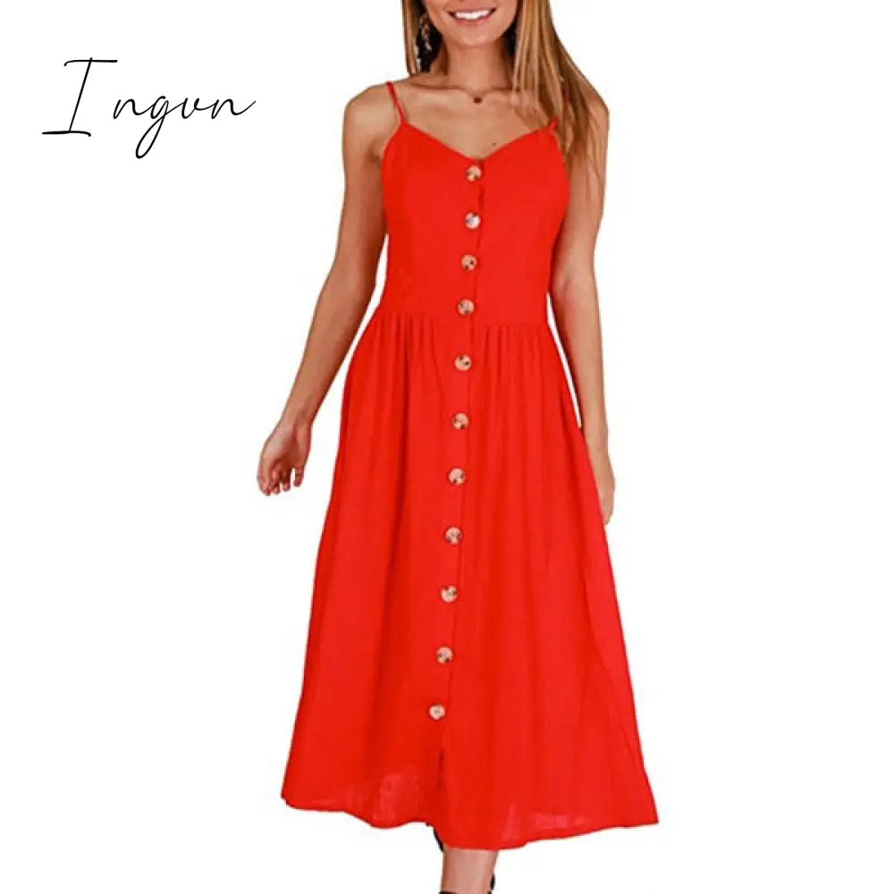 Ingvn - Boho Sexy Floral Dress Summer Vintage Casual Sundress Female Beach Dress Midi Button Backless Polka Dot Striped Women Dress