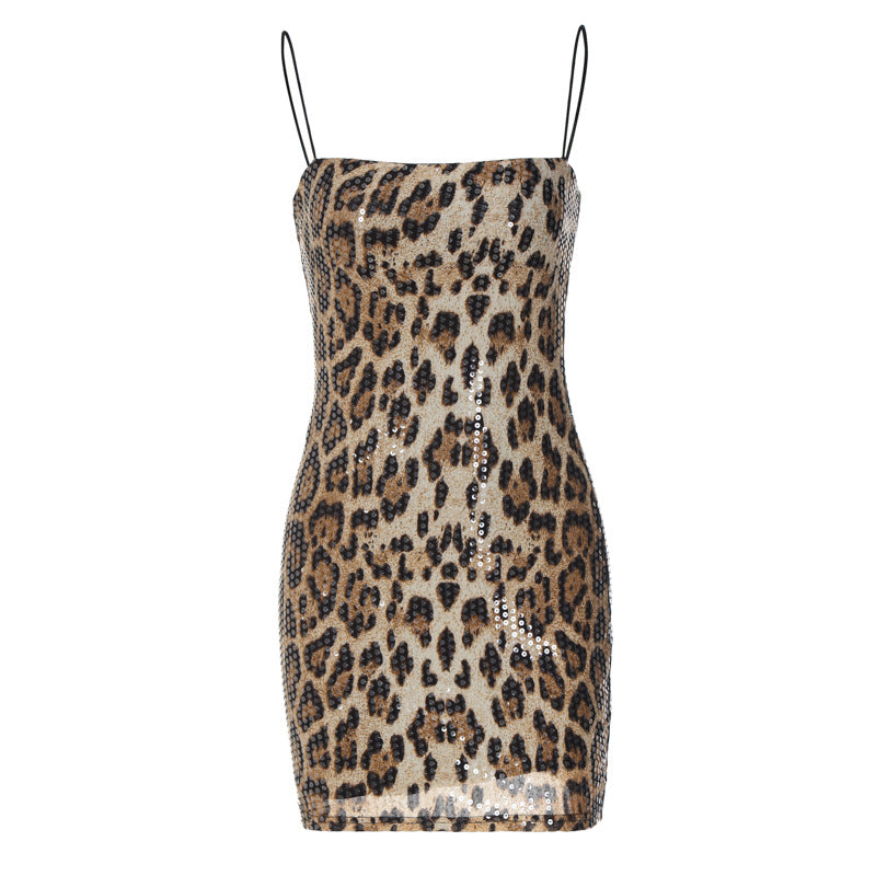 Pphmm outfit inspo Sexy Hot New Fashion Leopard Print Street Style Nightclub All-Match Strap Sequin Dress Women's Clothing