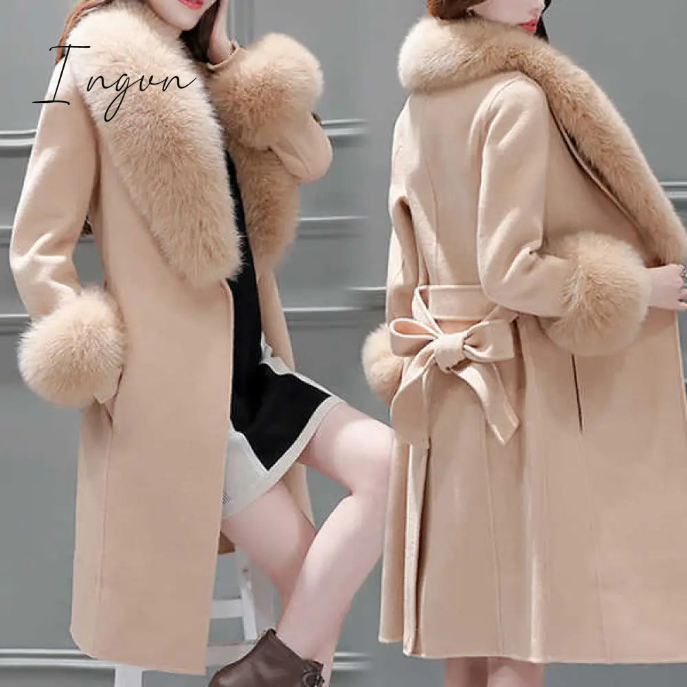 Ingvn - Fur Woolen Coat =New Women  Knee Mid-length Korean Fashion Big Fur Collar Beautiful Cloak Red Pink White Camel S To 3XL