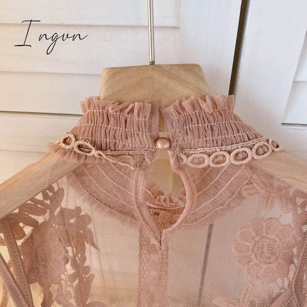 Ingvn - spring Women Mesh Tops Fashion Sexy Sheer Lace Blouse Lantern Sleeve 3D Floral Blouses Shirts Elegant Top Blusas Femininas