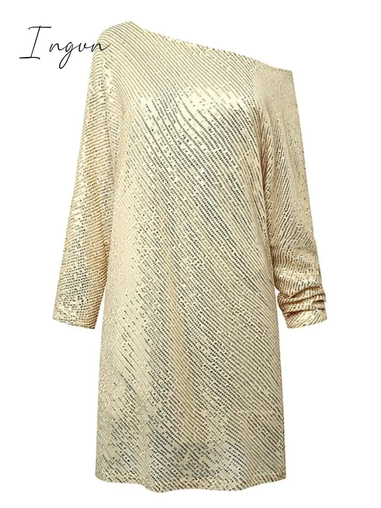 Ingvn - Women‘s Party Dress Sequin Dress Holiday Dress Shift Dress Short Mini Dress White Black Gold Long Sleeve Pure Color Sequins Fall Spring One Shoulder Stylish Hot Party Loose 2023 S M L XL