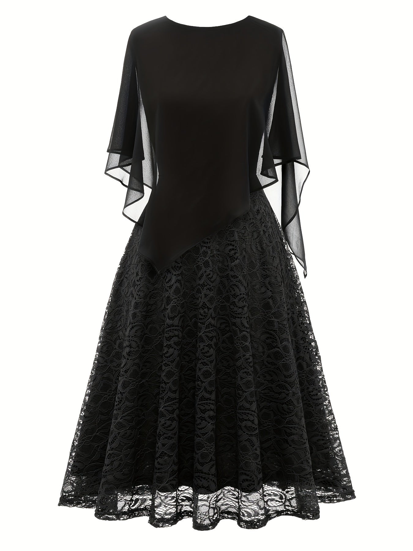 Solid Lace Chiffon Maxi Dress, Elegant Short Sleeve Dress For Wedding Party, Women's Clothing
