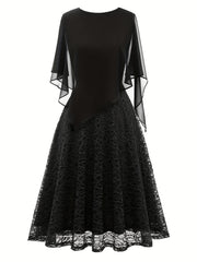 Solid Lace Chiffon Maxi Dress, Elegant Short Sleeve Dress For Wedding Party, Women's Clothing