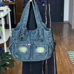 Ingvn  New Spicy Girl Cowboy Bags Single Shoulder Bag Diagonal Strap Large Capacity Bags Shoe Laces Casual Retro Denim Bag Women's Bag