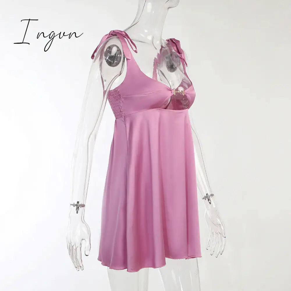 Ingvn - Women Clothing Sexy Temperament Commuter Solid Color Bandage One-neck Dress Spring and Summer New French Satin Mini Skirt