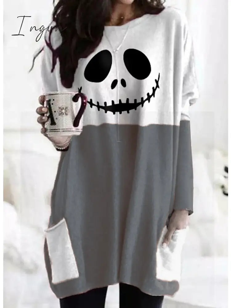 Ingvn - Women's Tunic Shirts Tunic Black White Wine Plaid Color Block Pocket Print Long Sleeve Halloween Weekend Round Neck Long Abstract Painting S