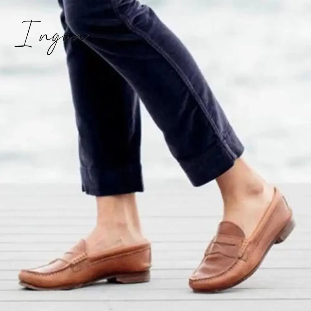 Ingvn - Women Vintage Slip On Loafers Low Heel Pu Leather Loafers