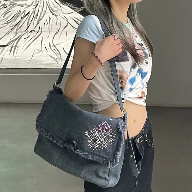 Ingvn  Hello Kitty Vintage Shoulder Bag for Women Y2k Denim American Style Original Armpit Bag Literary Harajuku Fashion Handbag