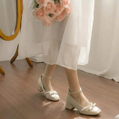 Ingvn  Ladies Summer Footwear with Bow Shoes for Women  Japanese Style Lolita Mary Jane Square Toe Gothic Pearl Medium Heels 39 A E