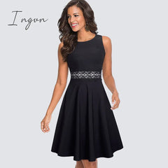 Ingvn - Women Vintage Casual Round Neck A line Summer Elegant Floral Lace Patchwork Sleeveless Tunic Party Swing Dress HA079