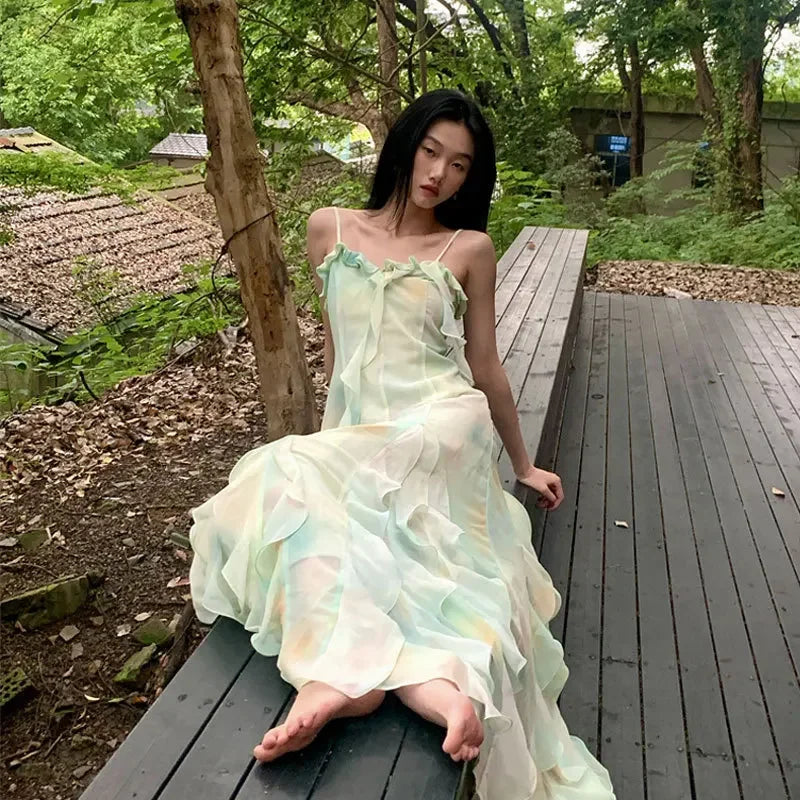 French Style A- Line Dress Slimming Beach Vacation Halter Long Skirt Summer Wear Sleeveless Design Sensation Women's Clothing