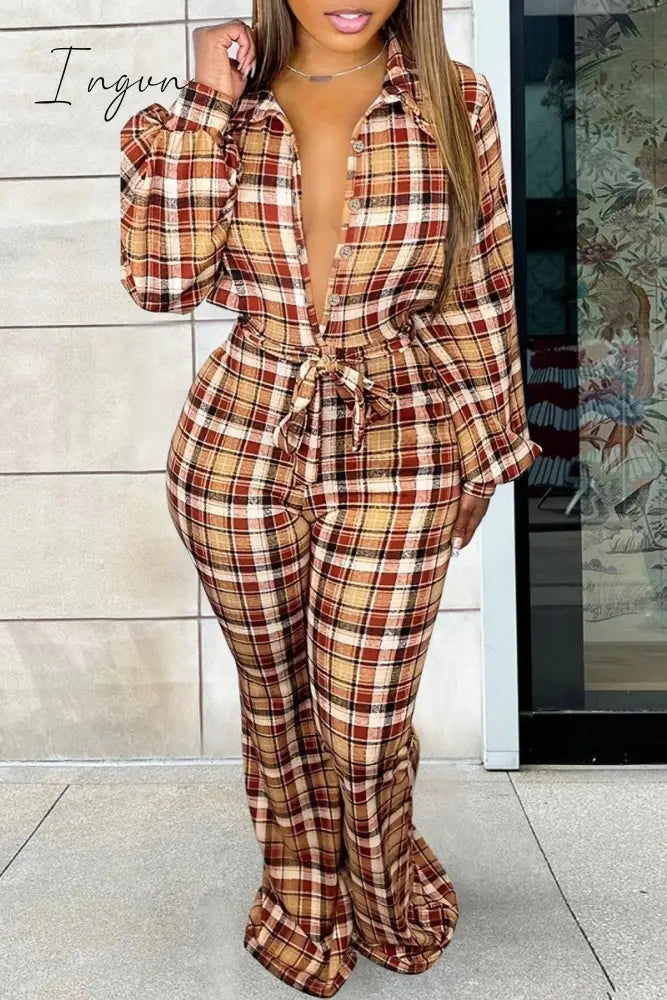 Ingvn - Earth Yellow Casual Plaid Print Patchwork Turndown Collar Plus Size Jumpsuits