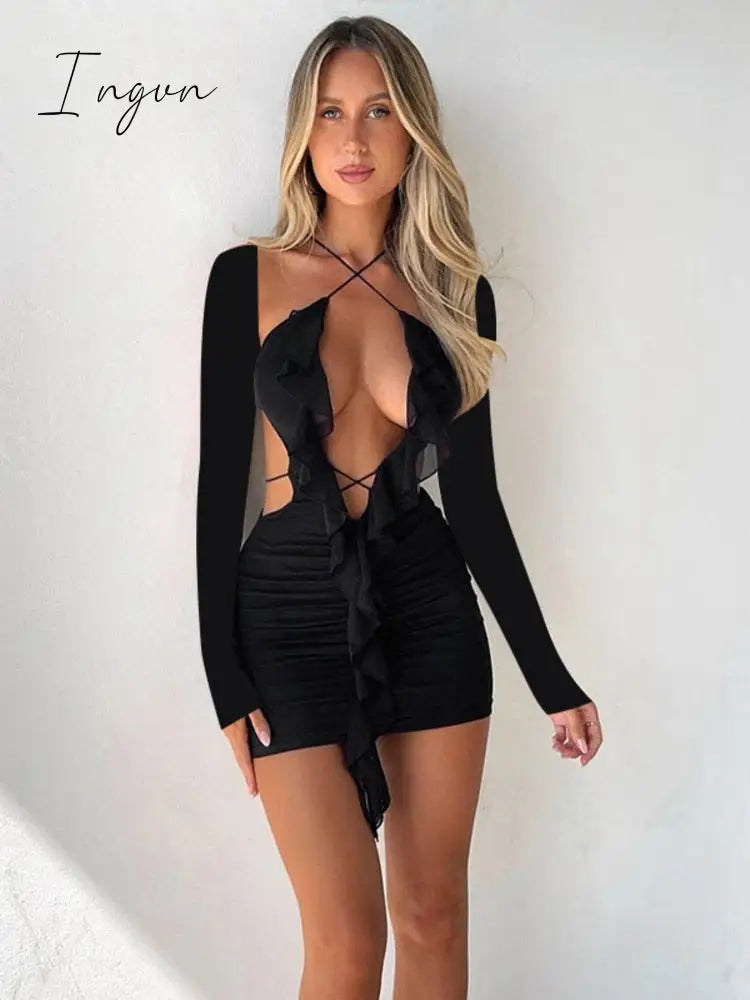 Ingvn - Hollow Out Ruffles Sexy Mini Dress Women Robe Halter Long Sleeve Backless Bodycon Beach Holiday Club Dress Vestido
