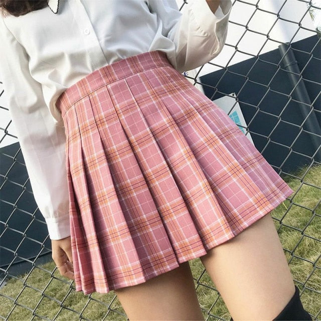 XS-XXL Spring Summer Autumn Women Skirts Student Girl Striped Pleated Waist Female Sweet Mini Dance Plaid Black White Pink Skirt