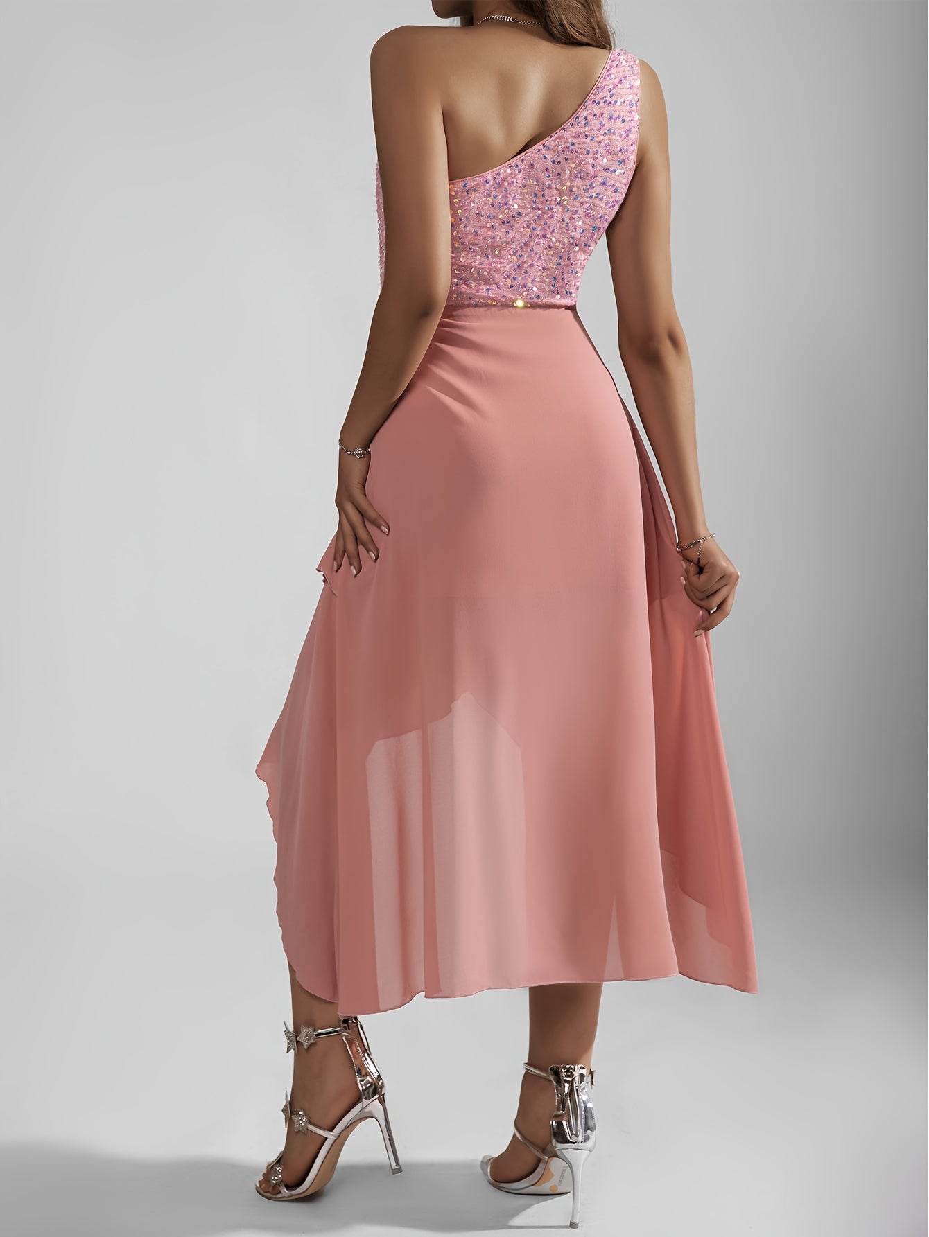 Sequin One-shoulder Tulip Dress, Elegant Sleeveless Dress For Party & Banquet, Women's Clothing