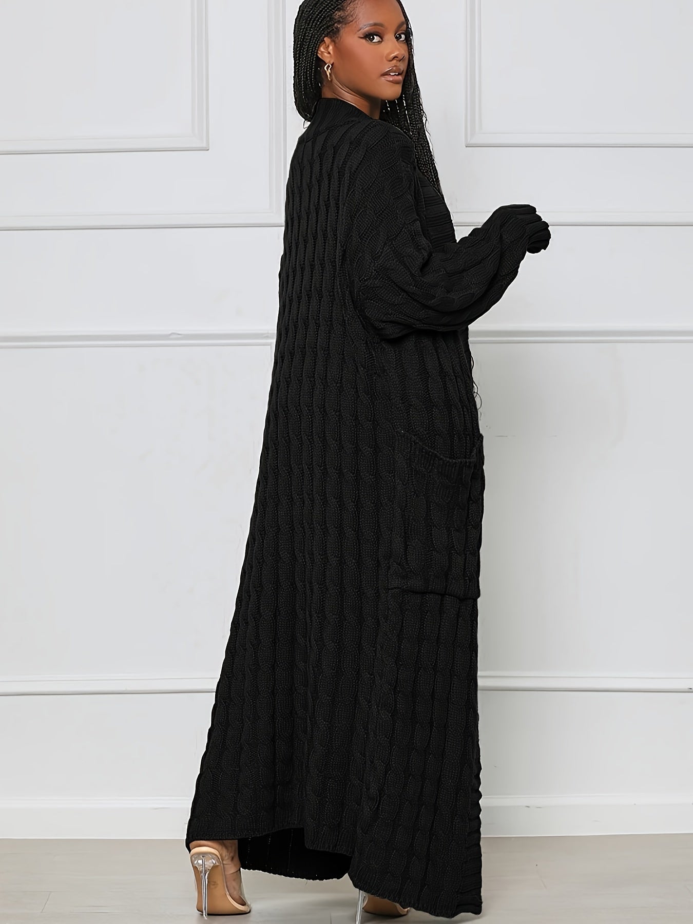 Elegant Long Sleeve Halter Neck Cardigan – Winter-Warm Knit Sweater with Pockets for Women, Durable & Easy Care