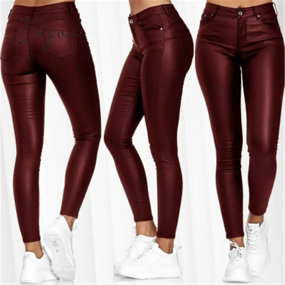Ingvn - Pure Color Leather Casual Pants Small Feet Pants Spring Women Pu Leather Pants Black Sexy Stretch Bodycon Leather Pants High Red