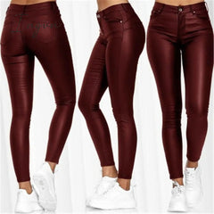 Ingvn - Pure Color Leather Casual Pants Small Feet Pants Spring Women Pu Leather Pants Black Sexy Stretch Bodycon Leather Pants High Red